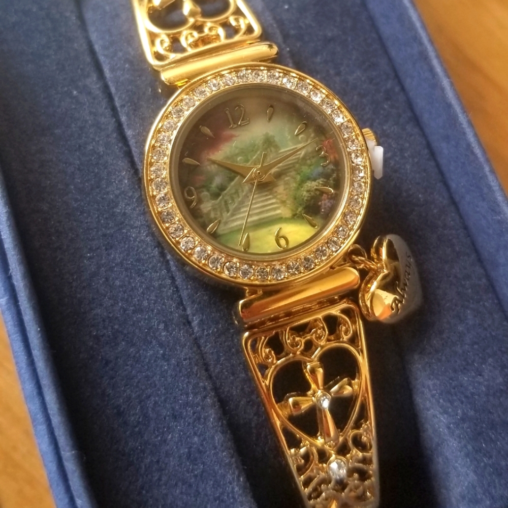 The Bradford Exchange Gold Tone Crystal Accent Scenic Dial Women's Watch